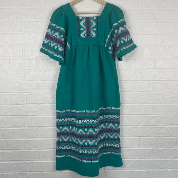 Vintage Latin's Lady Collection Embroidered Mexico Caftan Midi Cotton Dress [S] - Picture 3 of 6